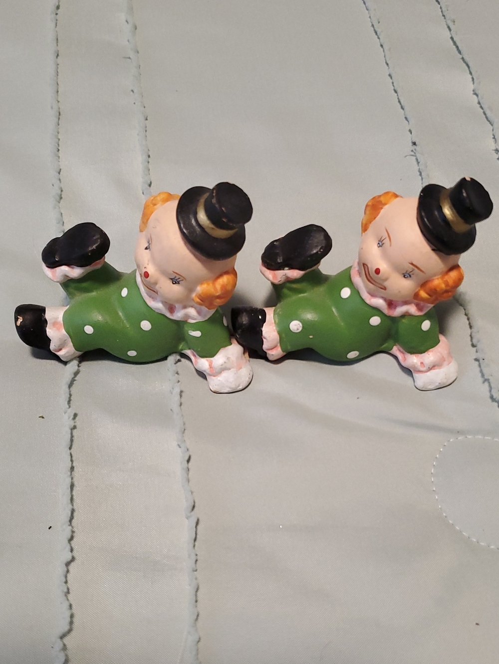 Vintage Green Polka Dot Clown Figurine Pair -